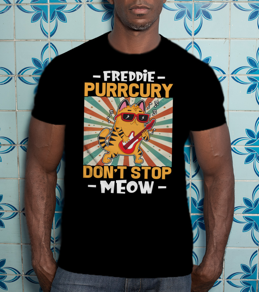 Freddie Purrcury Don't Stop Meow Cat With Guitar Retro Music Vibes T-Shirt