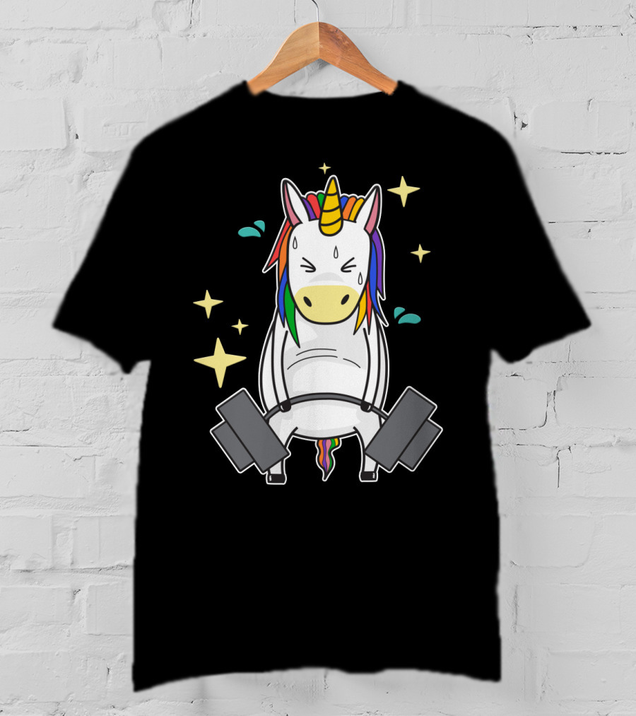 Unicorn Weightlifting Fitness Gym Sweat Rainbow Mane Stars T-Shirt