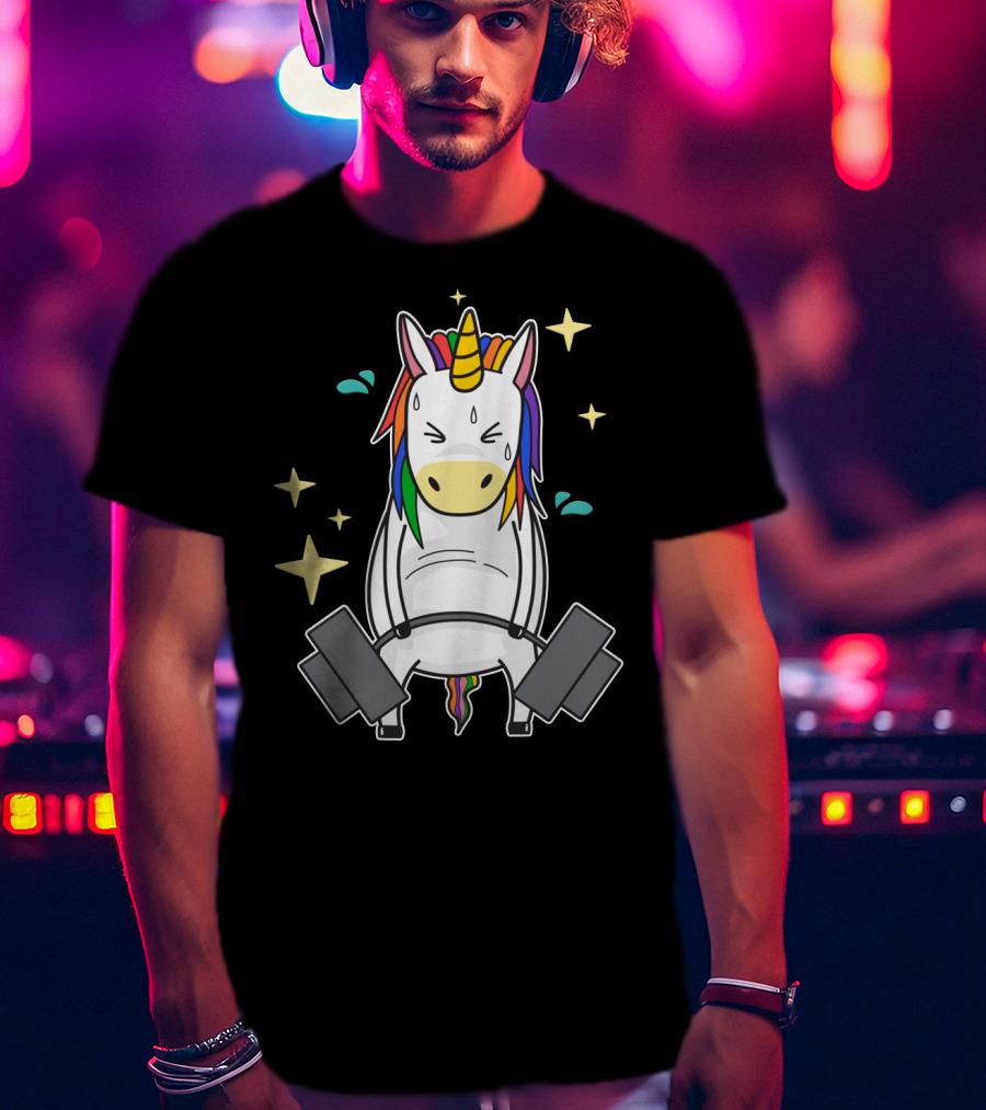 Unicorn Weightlifting Fitness Gym Sweat Rainbow Mane Stars T-Shirt