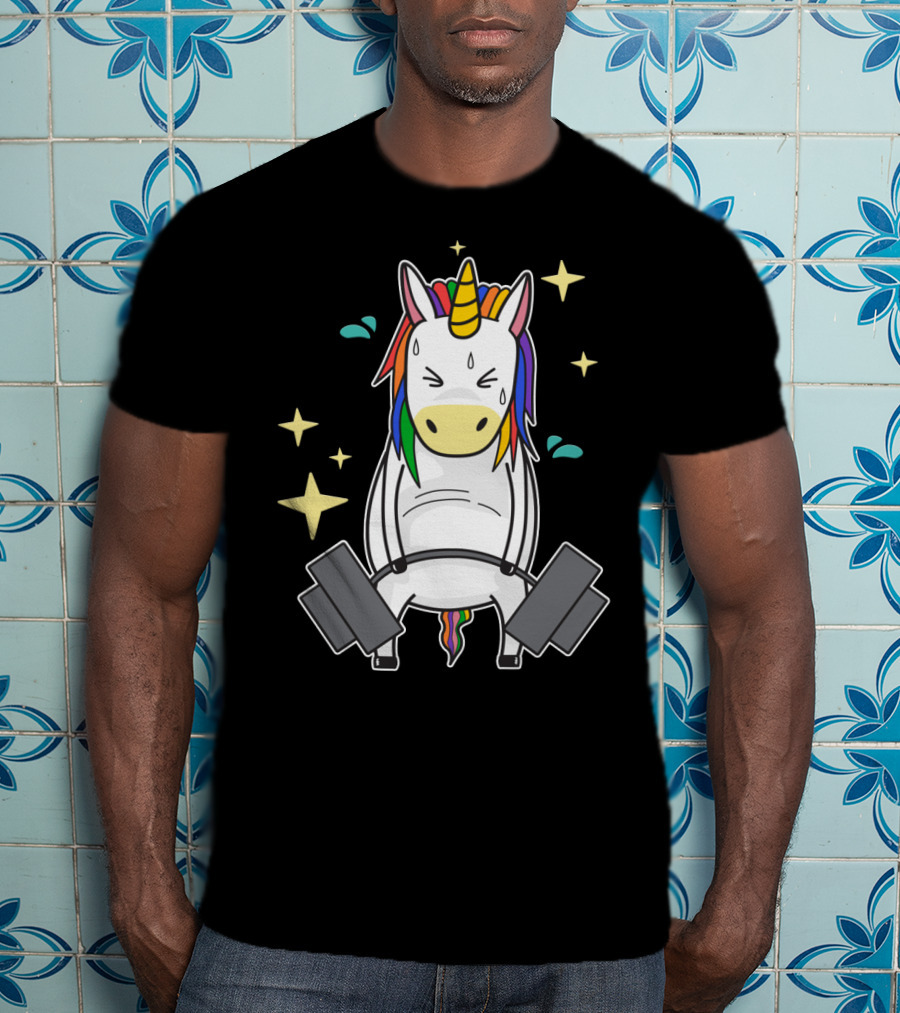 Unicorn Weightlifting Fitness Gym Sweat Rainbow Mane Stars T-Shirt