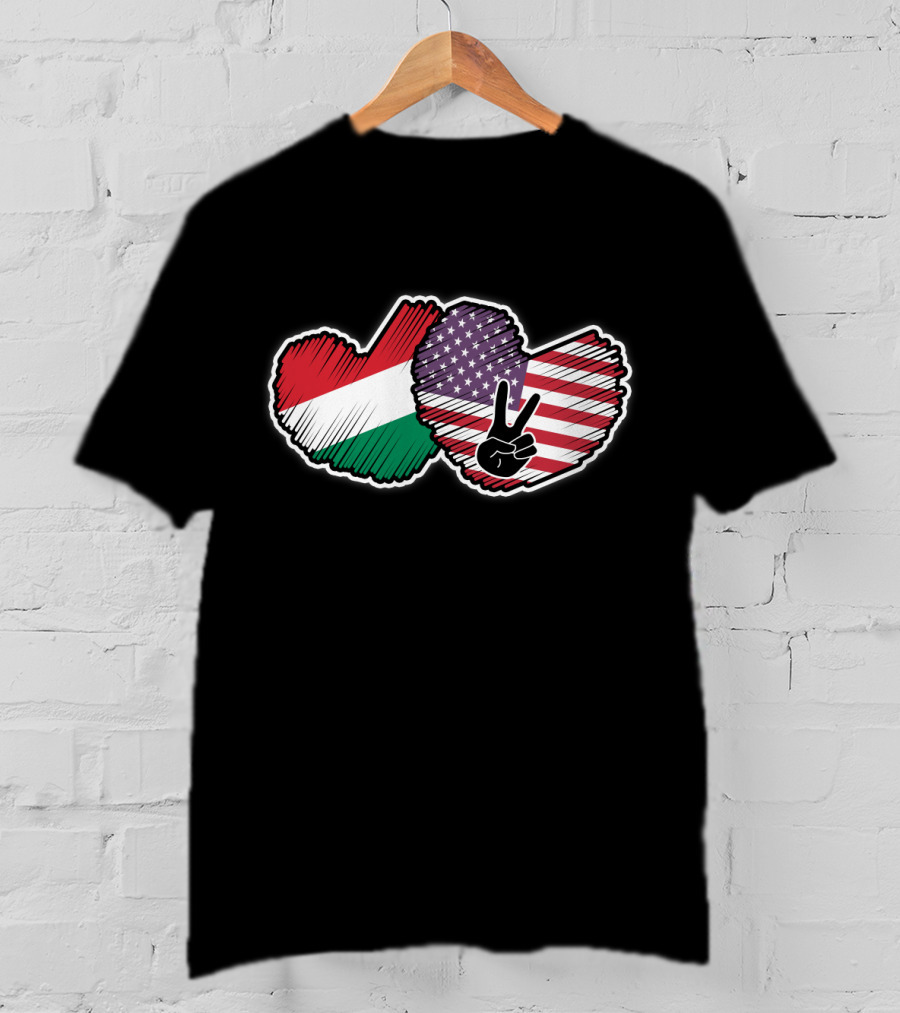 Peace Sign With Hungarian And American Heart-Shaped National Flags T-Shirt