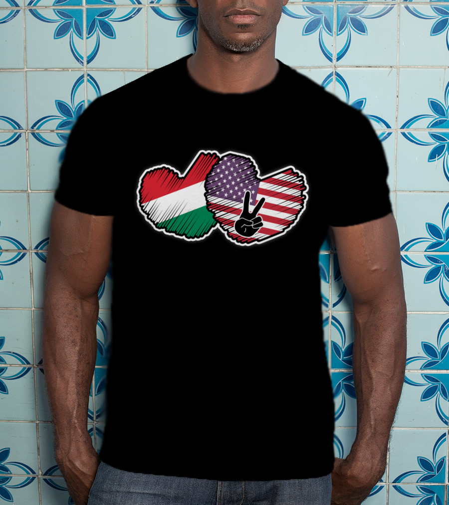 Peace Sign With Hungarian And American Heart-Shaped National Flags T-Shirt