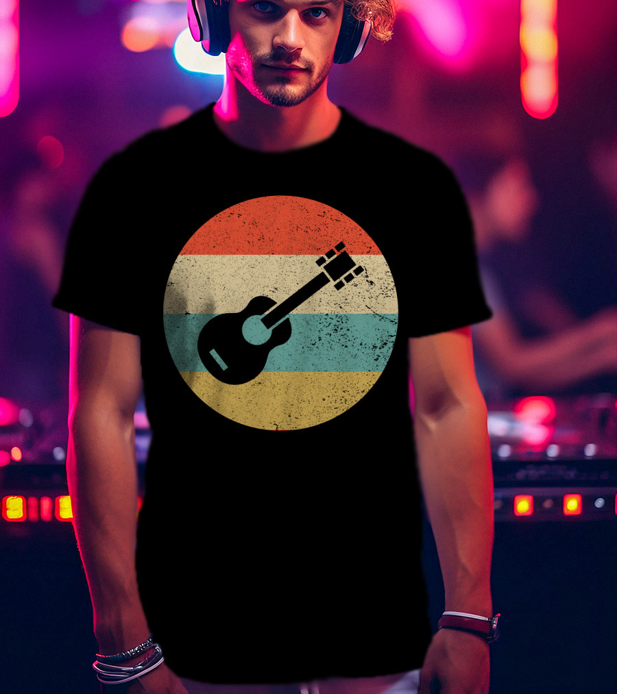 Vintage Retro Guitar Silhouette With Striped Circle T-Shirt