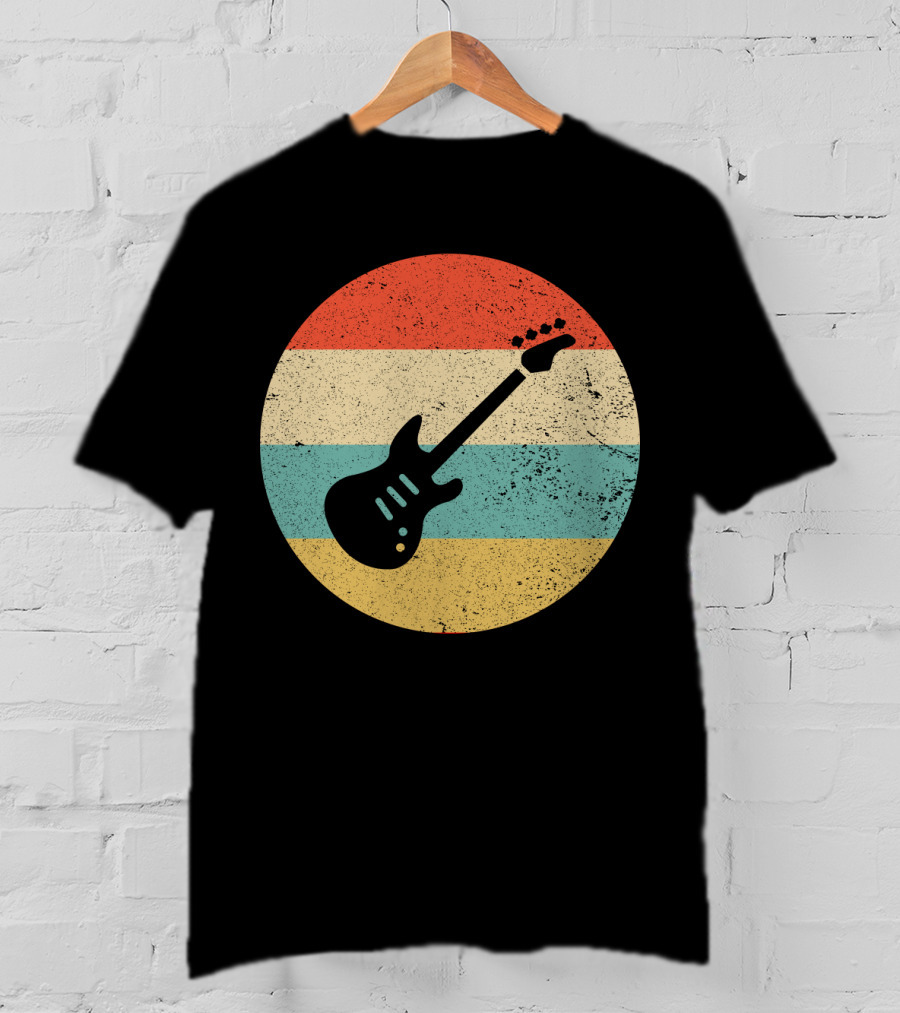 Vintage Retro Bass Guitar Silhouette Sunset Stripes T-Shirt