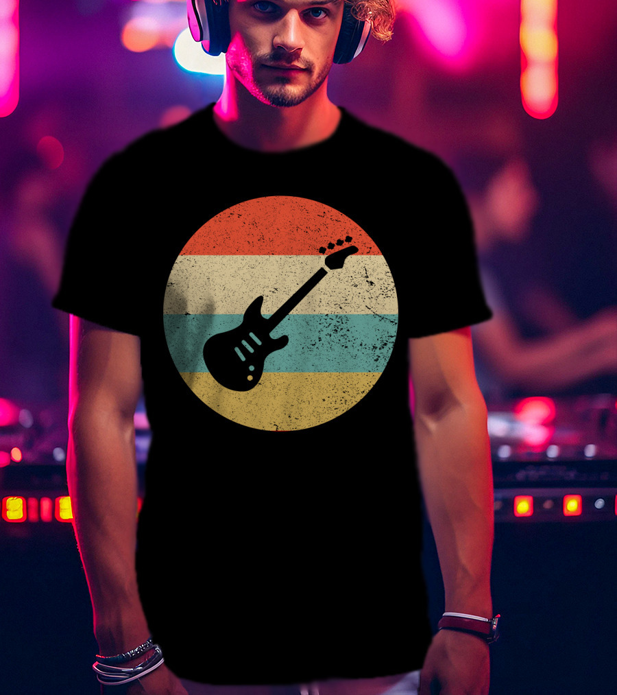 Vintage Retro Bass Guitar Silhouette Sunset Stripes T-Shirt