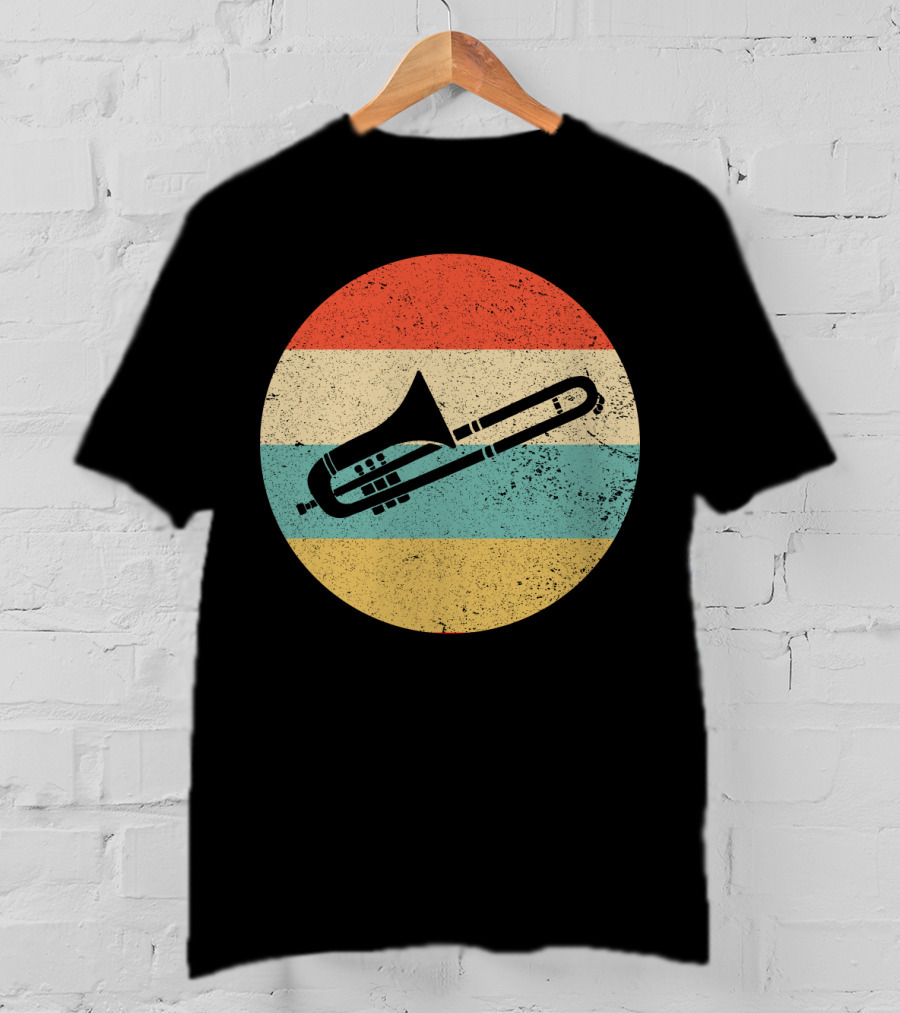 Vintage Retro Trombone Graphic On Striped Circle Background T-Shirt