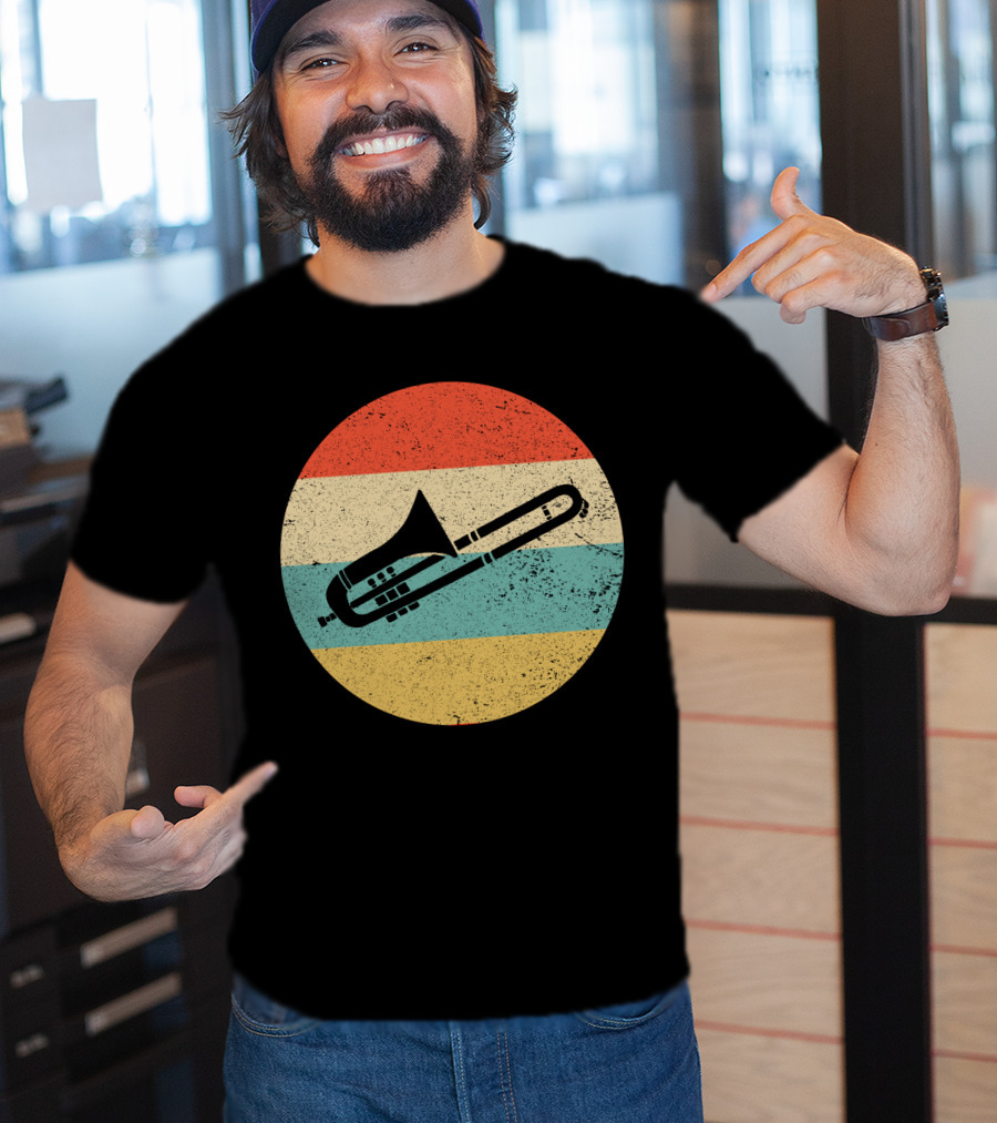 Vintage Retro Trombone Graphic On Striped Circle Background T-Shirt