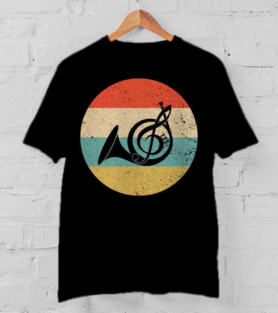 Vintage Retro Treble Clef French Horn Circle T-Shirt