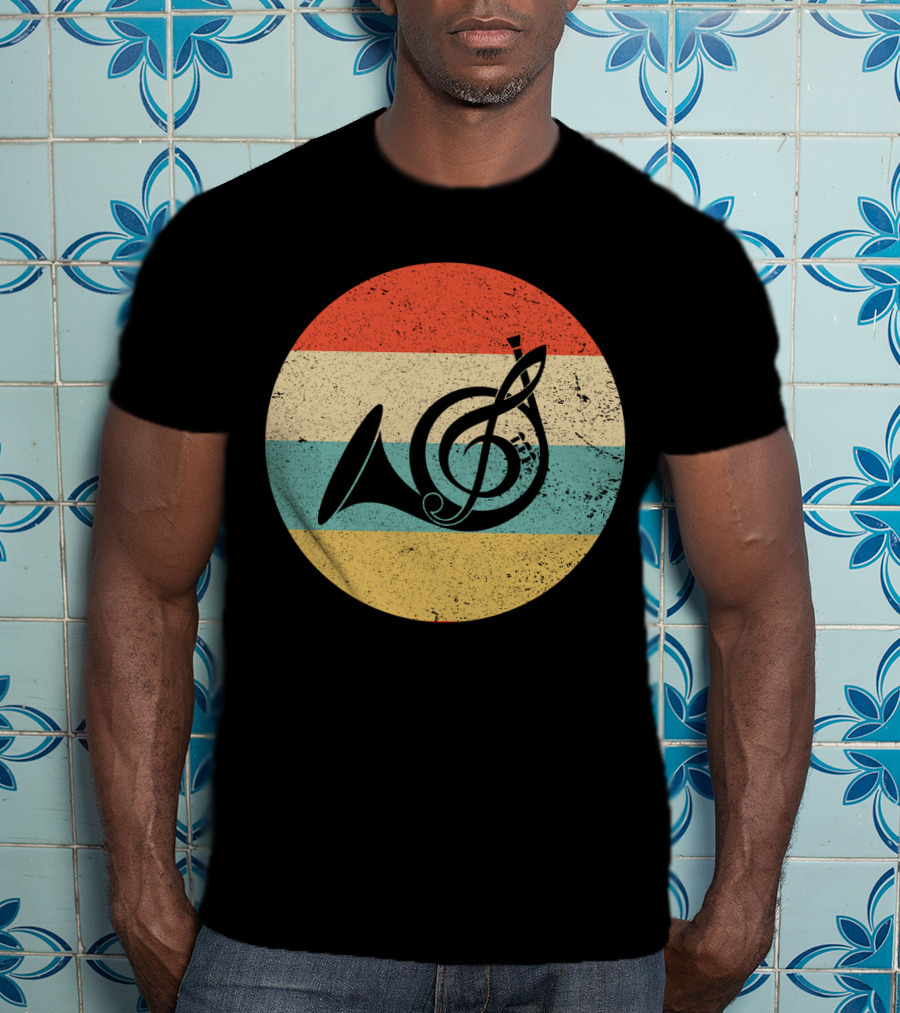 Vintage Retro Treble Clef French Horn Circle T-Shirt