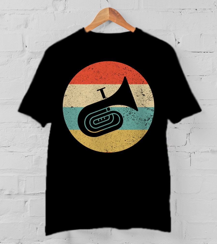 Vintage Retro Tuba Circle With Distressed Rainbow Stripes Background T-Shirt