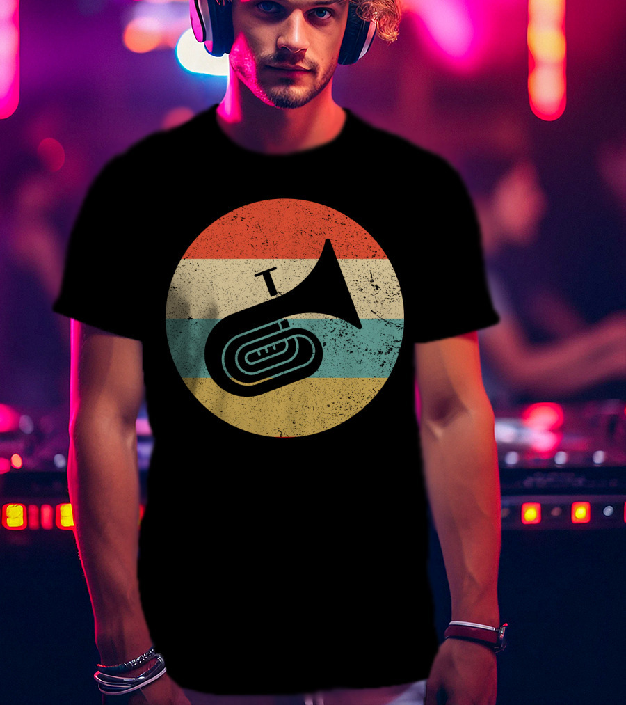 Vintage Retro Tuba Circle With Distressed Rainbow Stripes Background T-Shirt