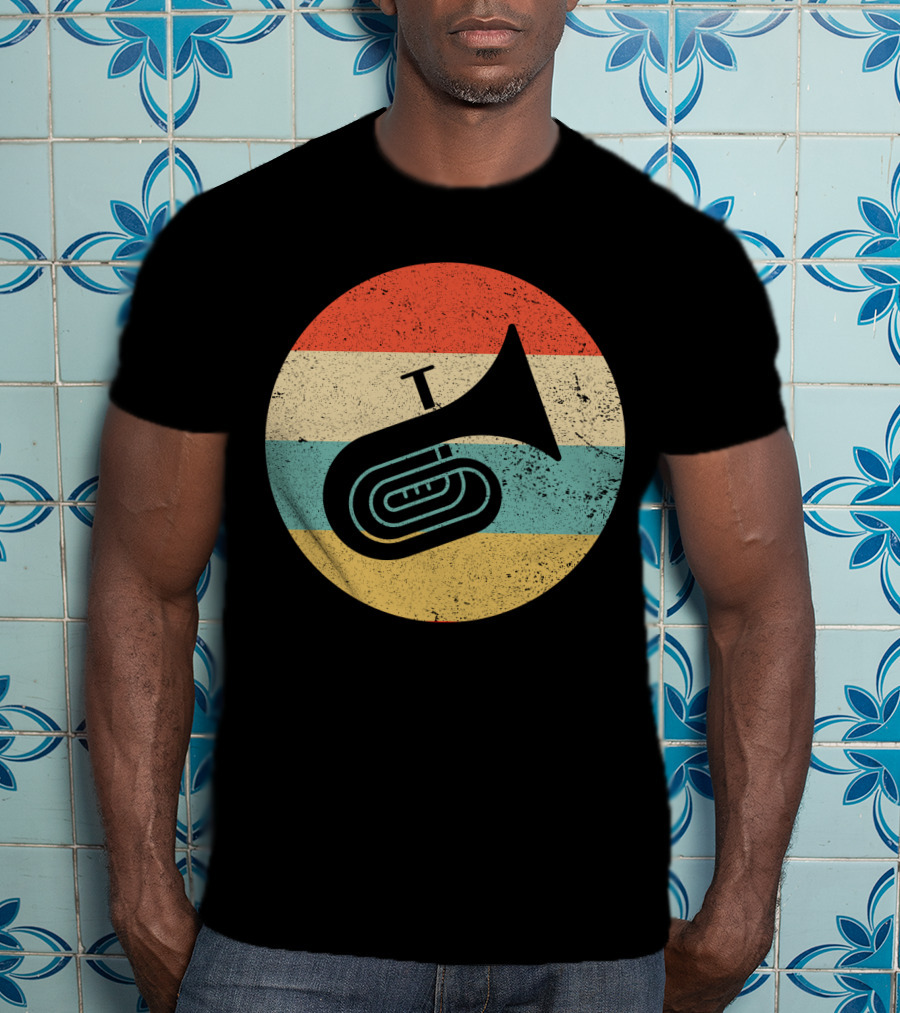 Vintage Retro Tuba Circle With Distressed Rainbow Stripes Background T-Shirt