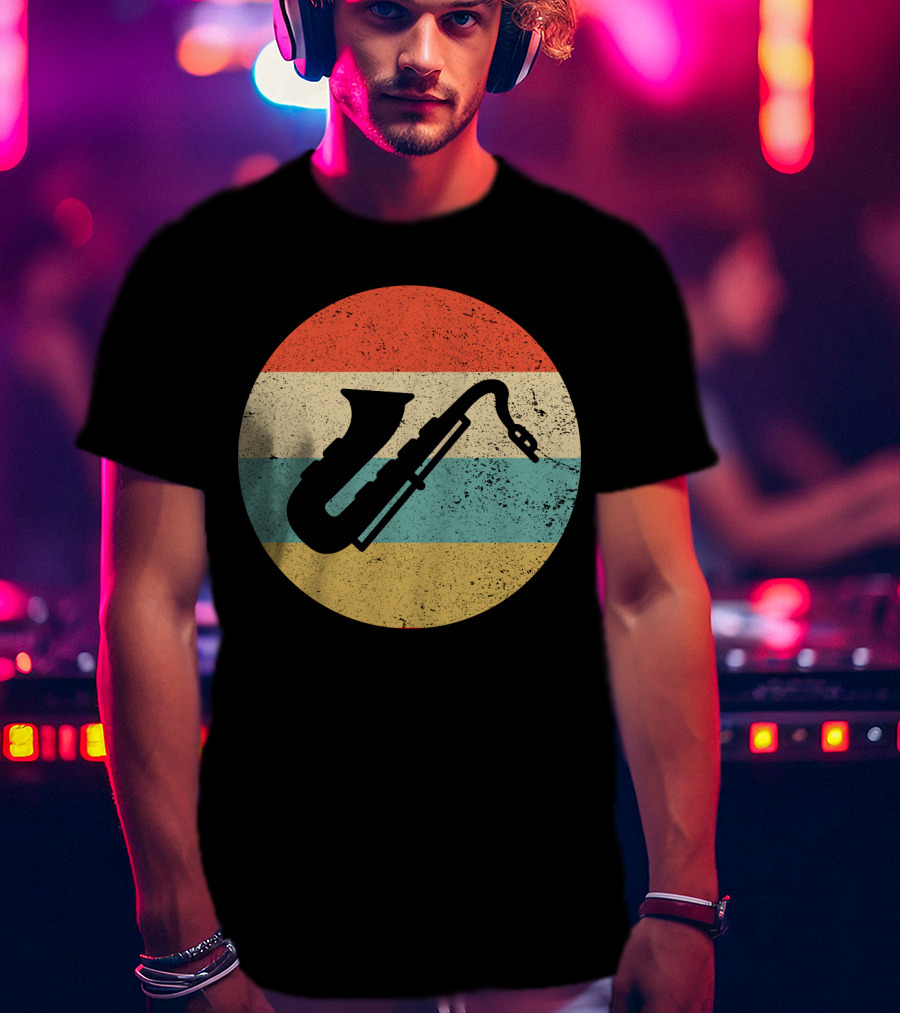 Retro Saxophone Circle Stripes Vintage T-Shirt