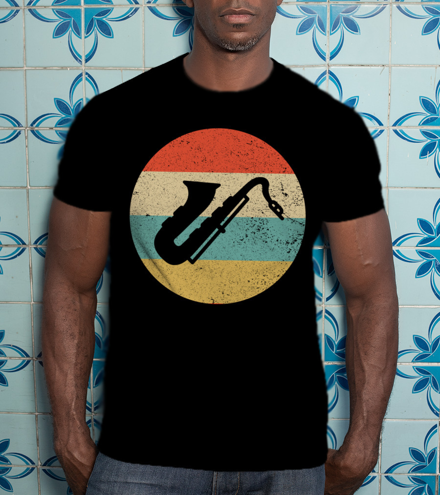Retro Saxophone Circle Stripes Vintage T-Shirt