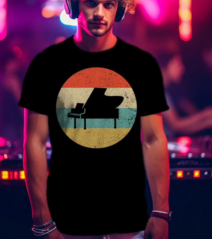 Vintage Retro Piano Silhouette With Stripes T-Shirt
