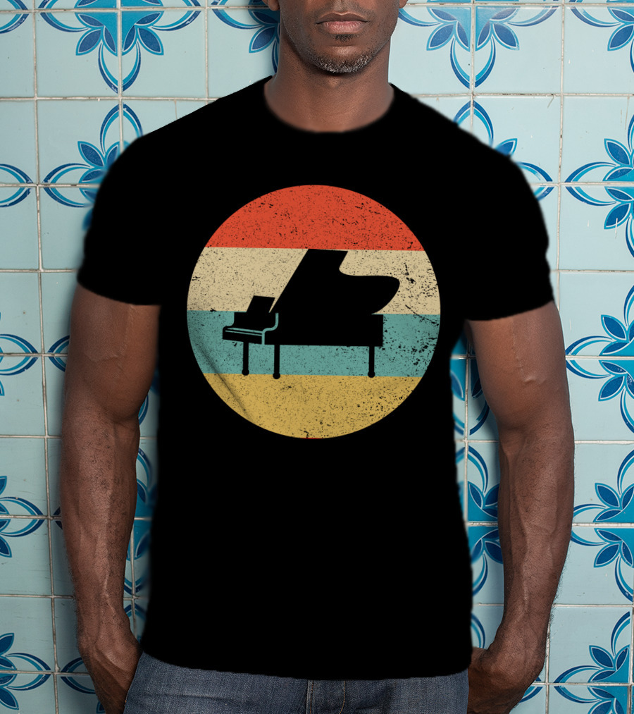 Vintage Retro Piano Silhouette With Stripes T-Shirt