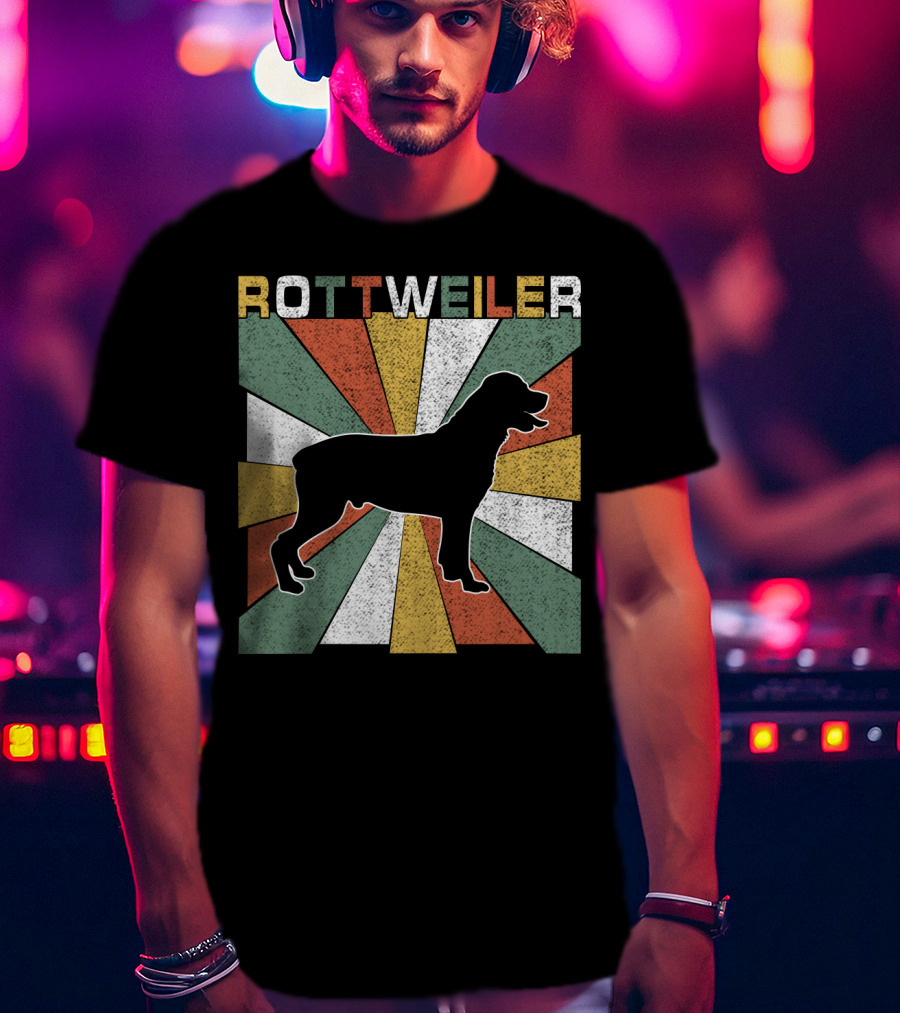 Rottweiler Dogs Retro 70s Vintage Silhouette Multicolor Stripes T-Shirt