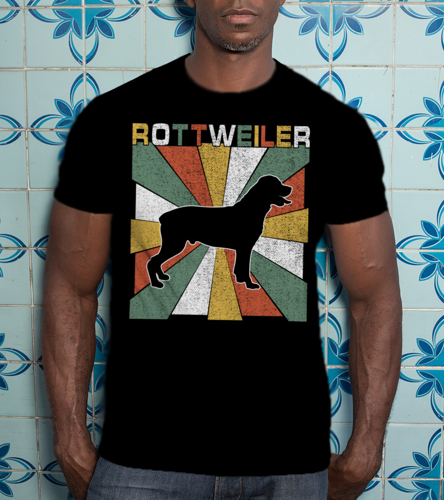 Rottweiler Dogs Retro 70s Vintage Silhouette Multicolor Stripes T-Shirt