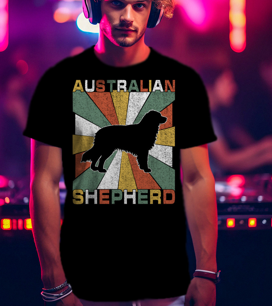 Australian Shepherd Dog Silhouette Retro 70s T-Shirt