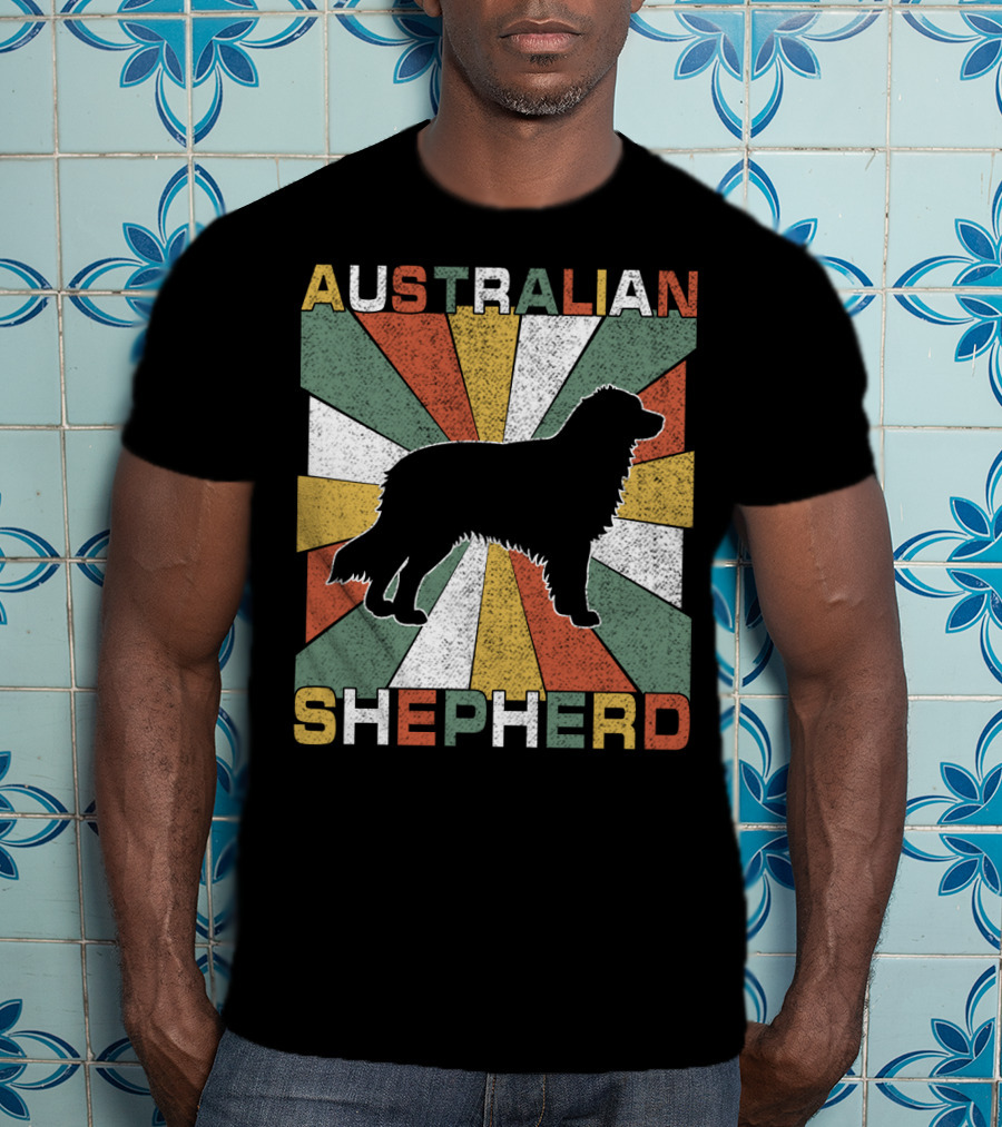 Australian Shepherd Dog Silhouette Retro 70s T-Shirt