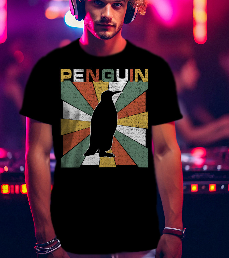 Penguin 70s Silhouette Vintage Retro Sunburst T-Shirt