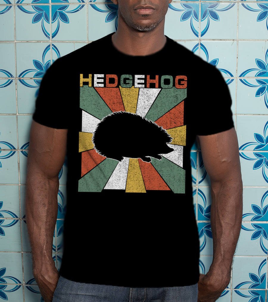 Hedgehog Retro 70s Silhouette Vintage Stripe Burst T-Shirt