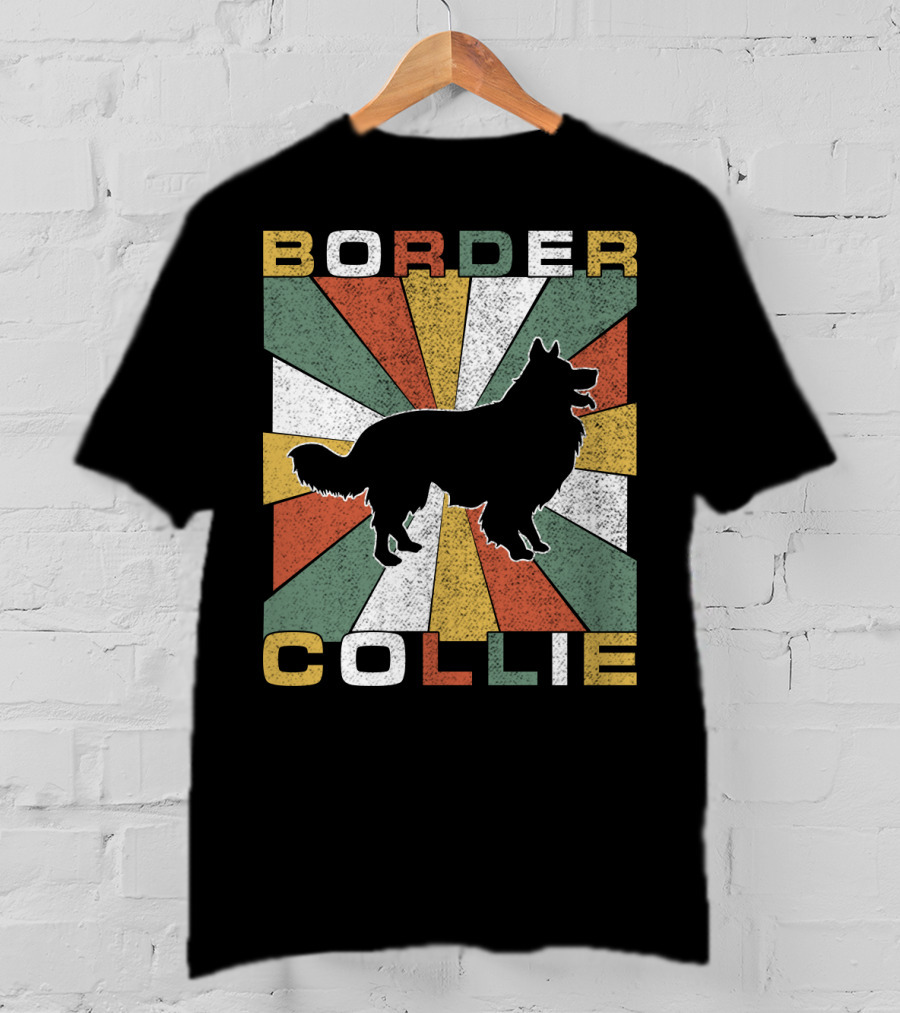 Border Collie Retro 70s Silhouette Radiant Stripes T-Shirt