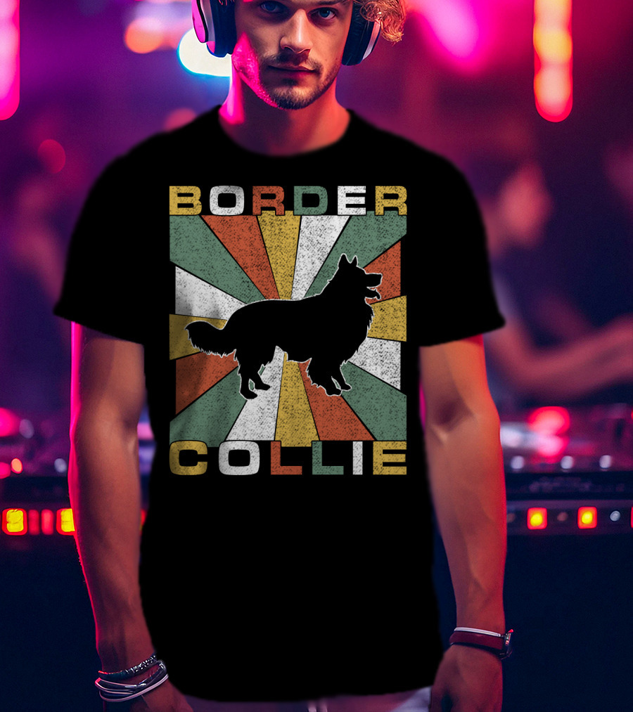 Border Collie Retro 70s Silhouette Radiant Stripes T-Shirt