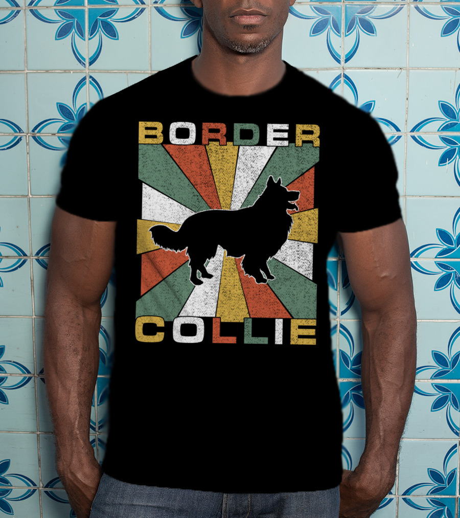 Border Collie Retro 70s Silhouette Radiant Stripes T-Shirt