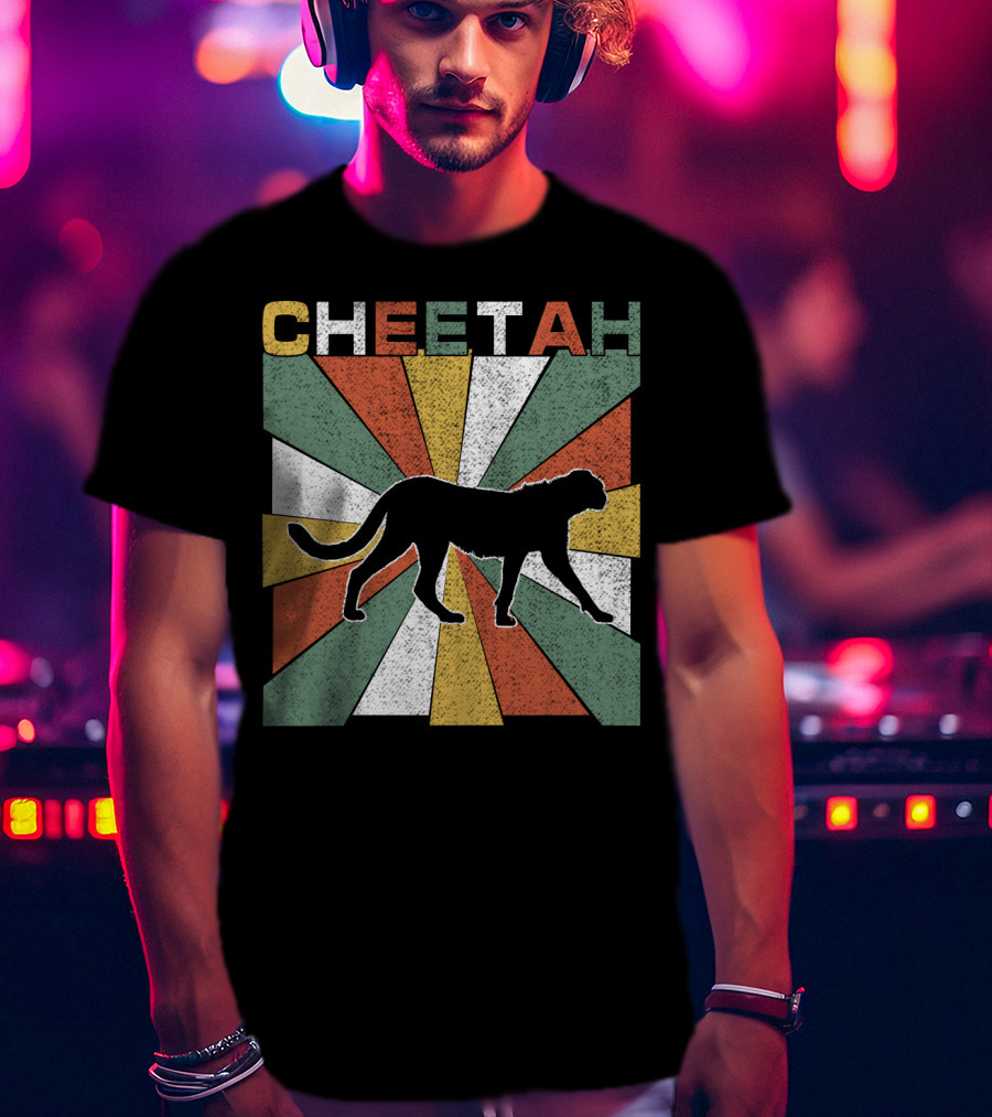 Cheetah Silhouette Retro 70s Vintage Stripes T-Shirt