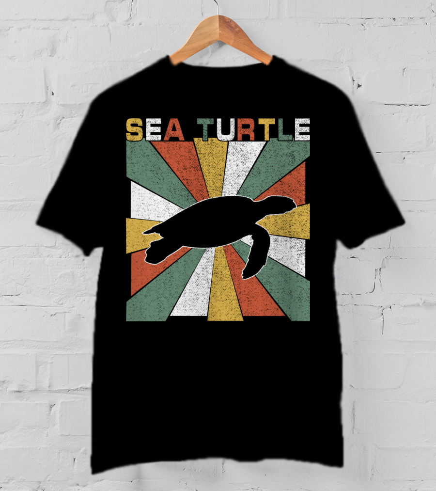 Sea Turtle Retro 70s Vintage Silhouette Distressed Color Blocking T-Shirt