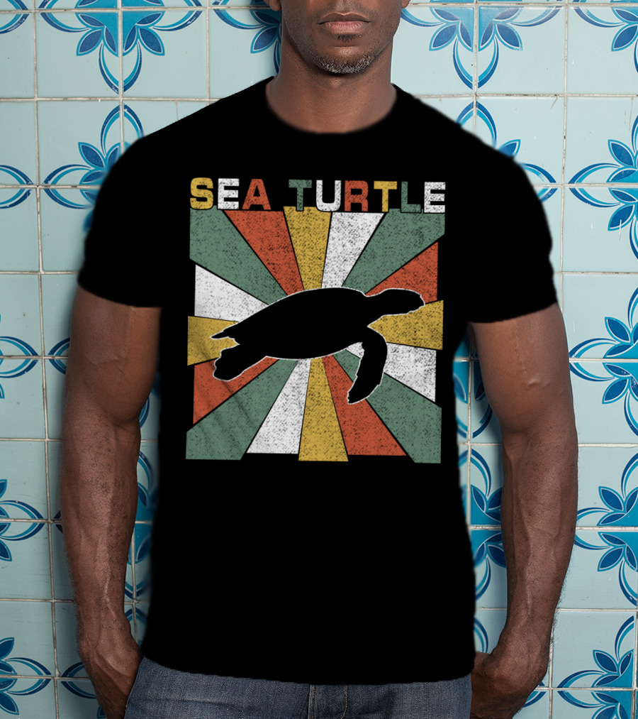 Sea Turtle Retro 70s Vintage Silhouette Distressed Color Blocking T-Shirt