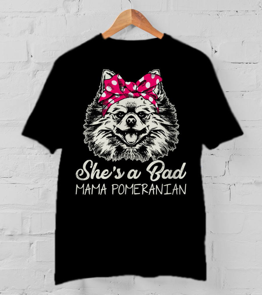 She's A Bad Mama Pomeranian Red Polka Dot Bow T-Shirt