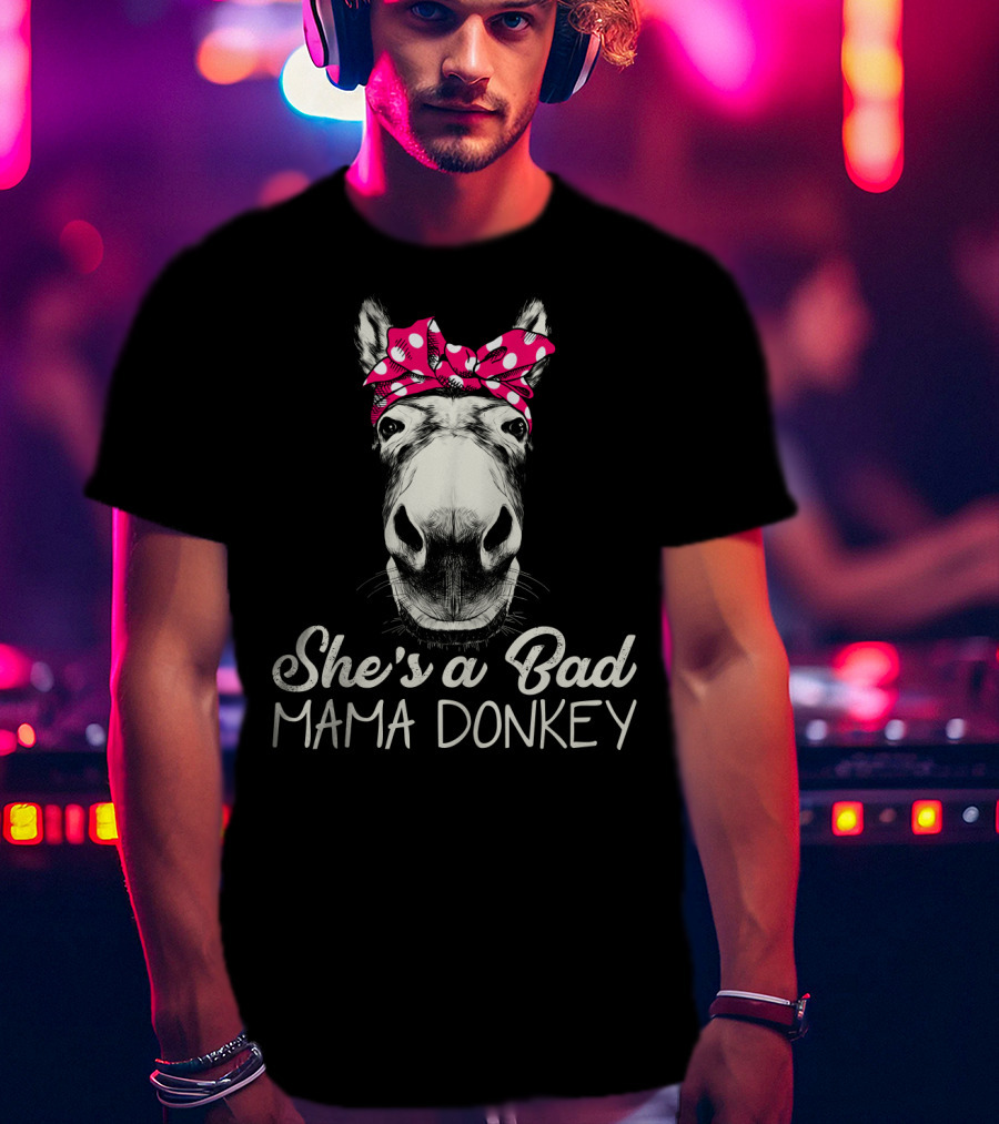 She's A Bad Mama Donkey With Pink Polka Dot Bandana T-Shirt