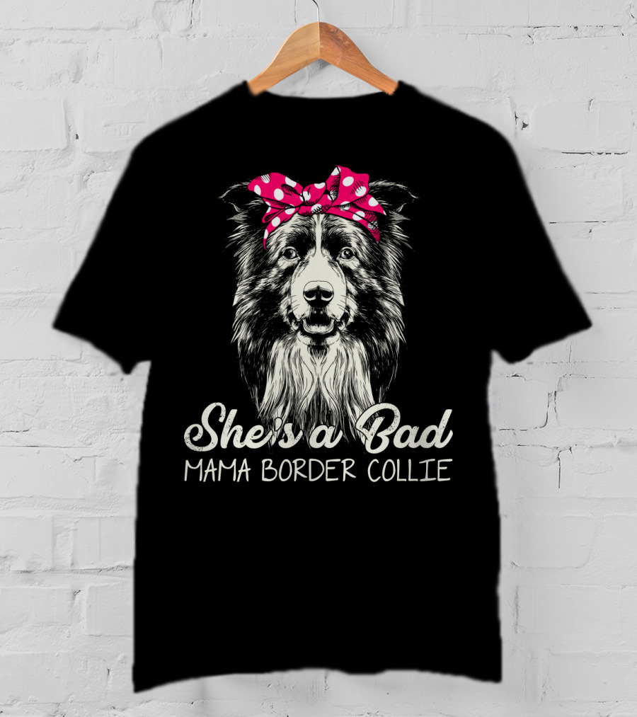 She's A Bad Mama Border Collie Retro Polka Dot Bandana T-Shirt