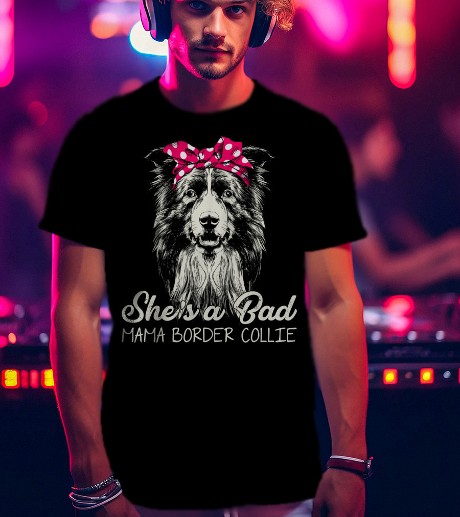 She's A Bad Mama Border Collie Retro Polka Dot Bandana T-Shirt