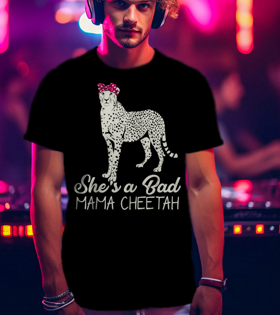 She's A Bad Mama Cheetah With Pink Polka Dot Bow T-Shirt