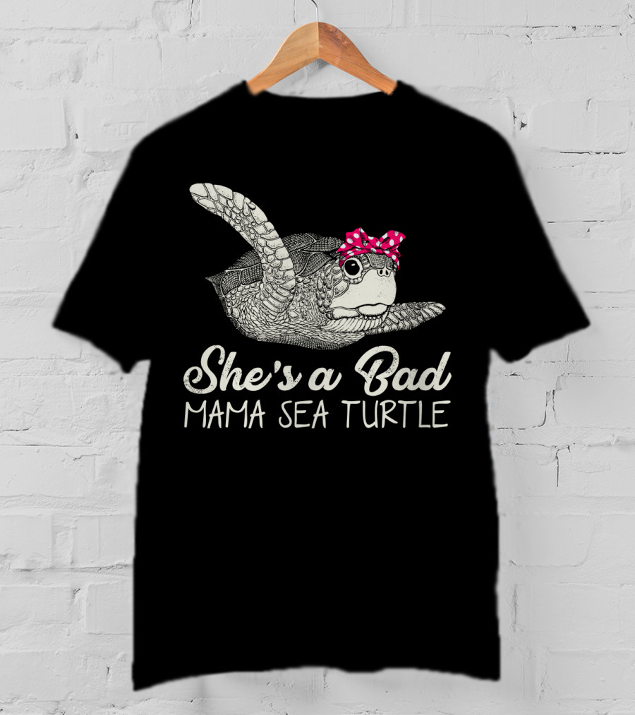 She's A Bad Mama Sea Turtle With Pink Polka Dot Bow T-Shirt
