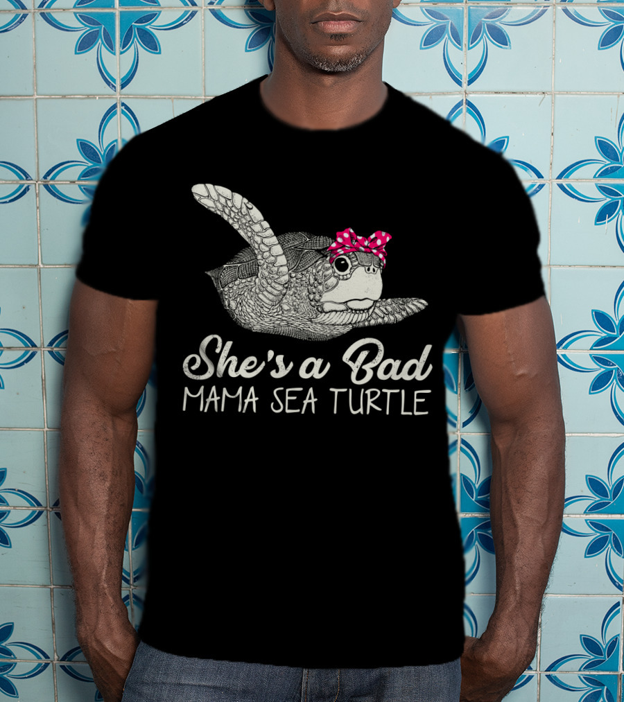 She's A Bad Mama Sea Turtle With Pink Polka Dot Bow T-Shirt