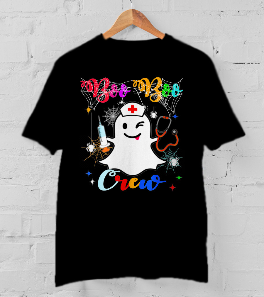 Boo Boo Crew Ghost Nurse Winking With Stethoscope And Syringe Halloween Spider Webs T-Shirt