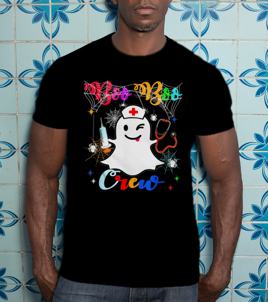 Boo Boo Crew Ghost Nurse Winking With Stethoscope And Syringe Halloween Spider Webs T-Shirt