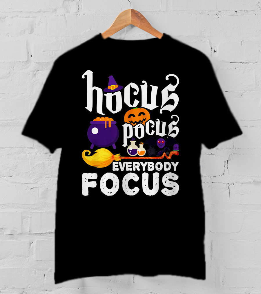 Hocus Pocus Everybody Focus Funny Halloween Costume Cauldron Pumpkin Broom Bat Potions T-Shirt