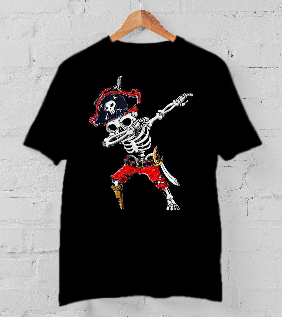 Dabbing Skeleton Pirate With Skull Hat And Sword T-Shirt