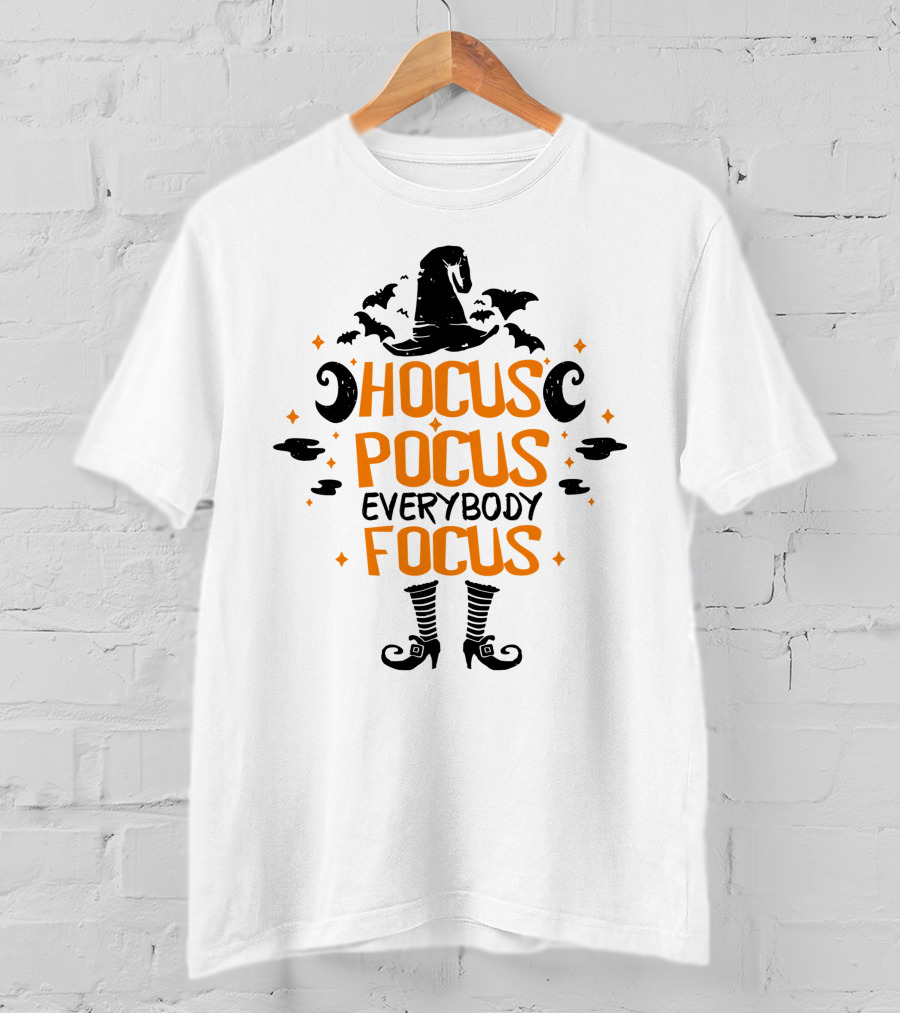 Halloween Hocus Pocus Everybody Focus Funny Teacher Witch Hat Bats Boots T-Shirt