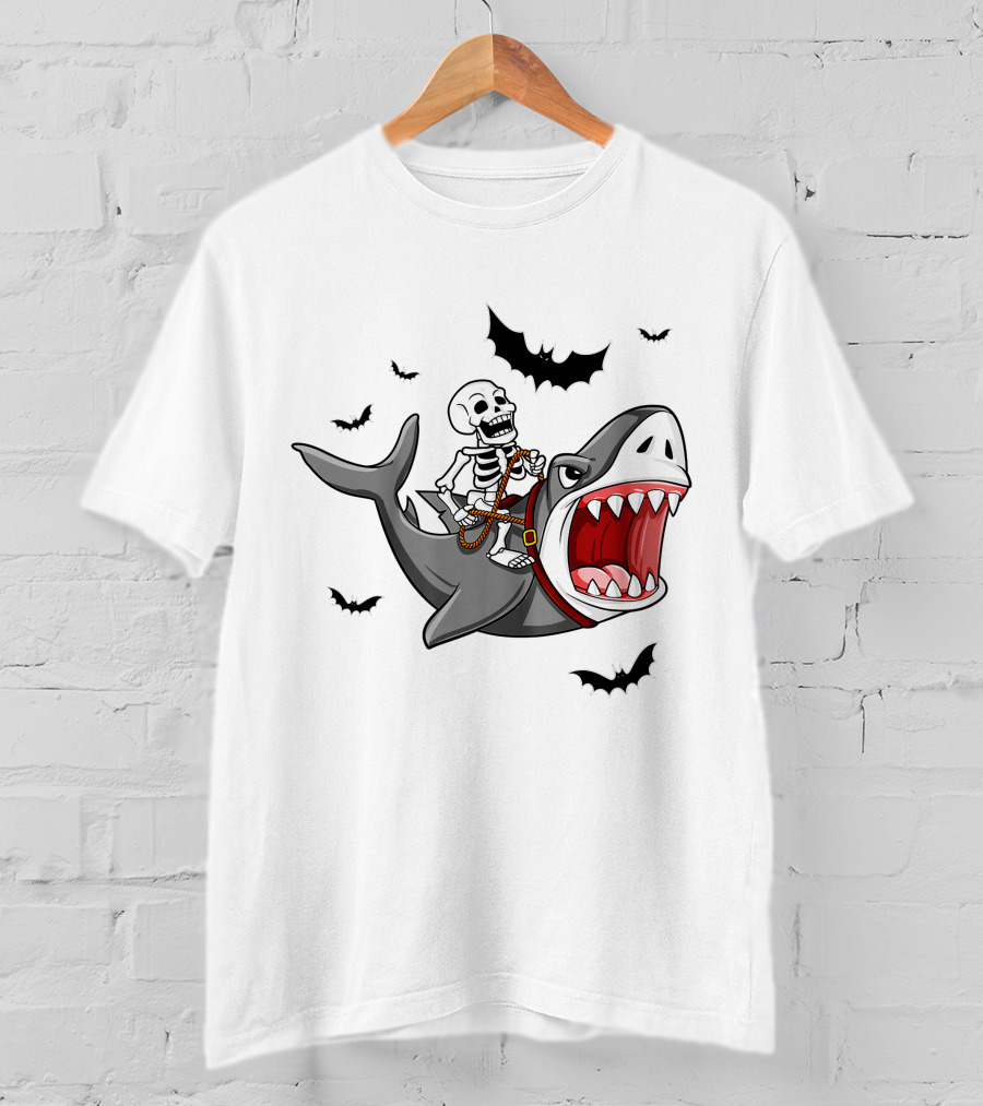 Skeleton Riding Shark With Bats T-Shirt