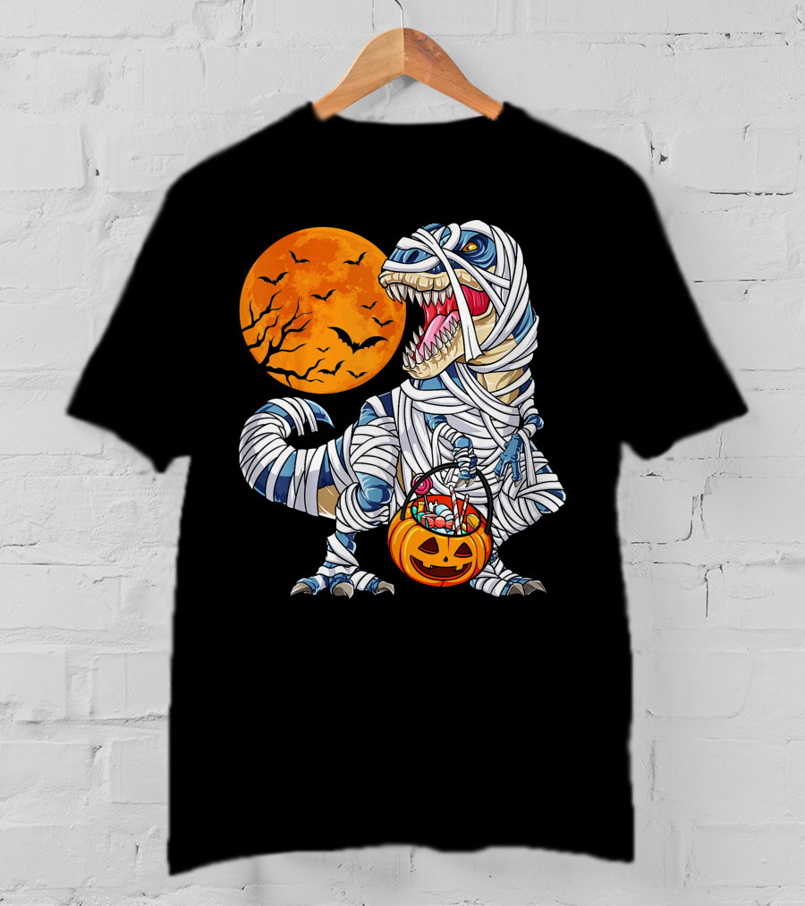 Halloween Dinosaur T-Rex Mummy Pumpkin Moon Bats T-Shirt