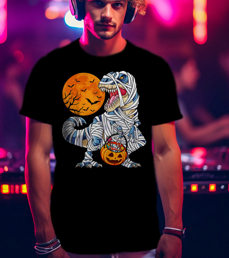 Halloween Dinosaur T-Rex Mummy Pumpkin Moon Bats T-Shirt