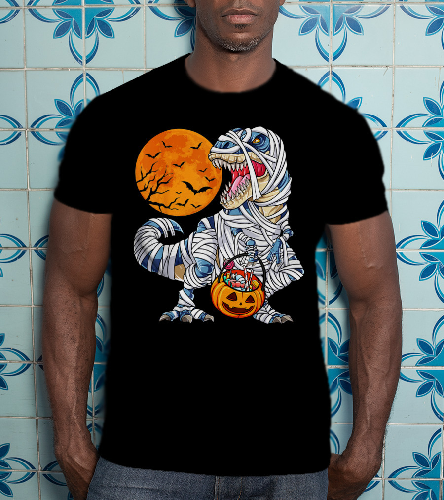 Halloween Dinosaur T-Rex Mummy Pumpkin Moon Bats T-Shirt
