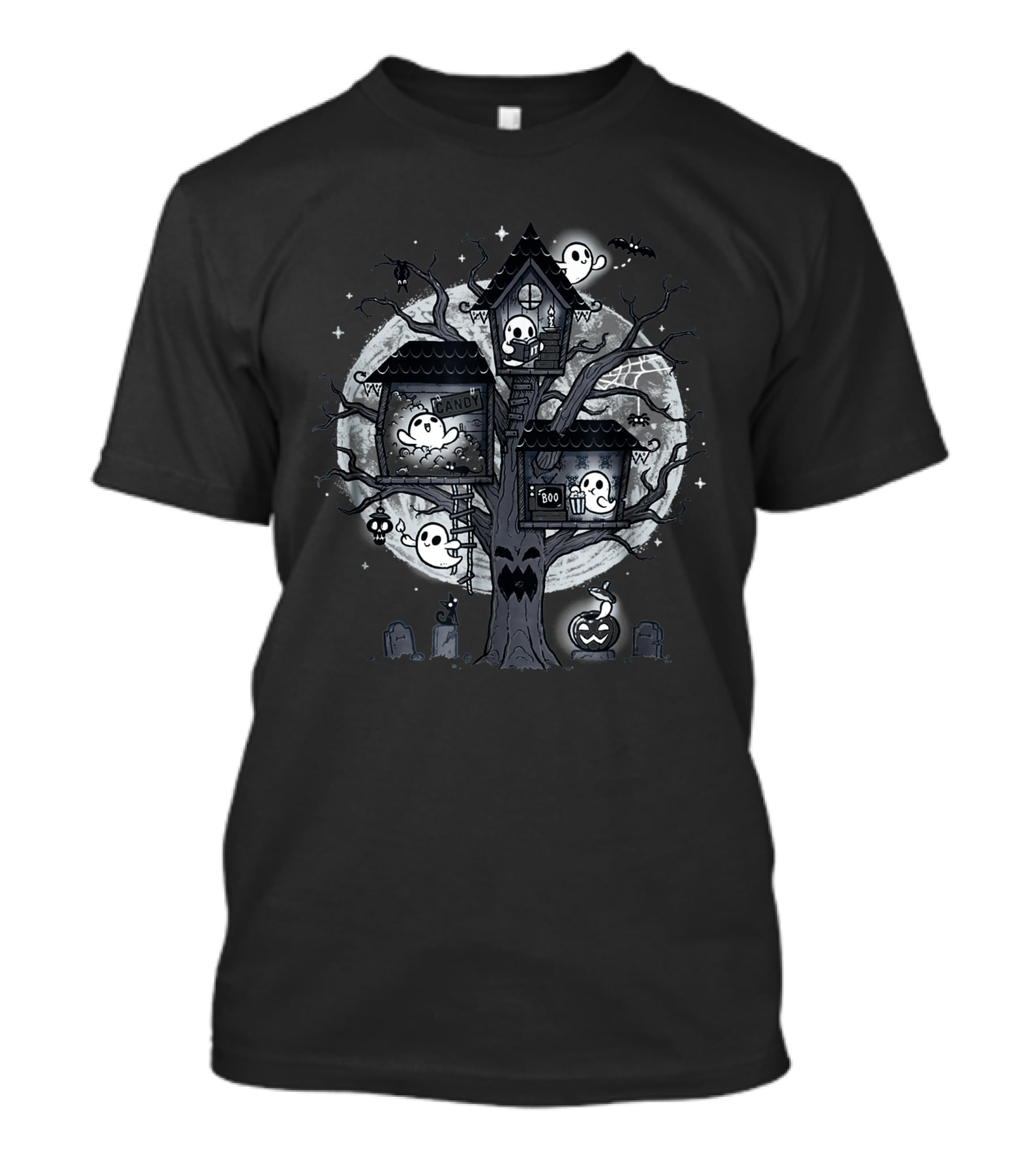 Halloween Clubhouse Spooky Treehouse With Ghosts Under Full Moon T-Shirt