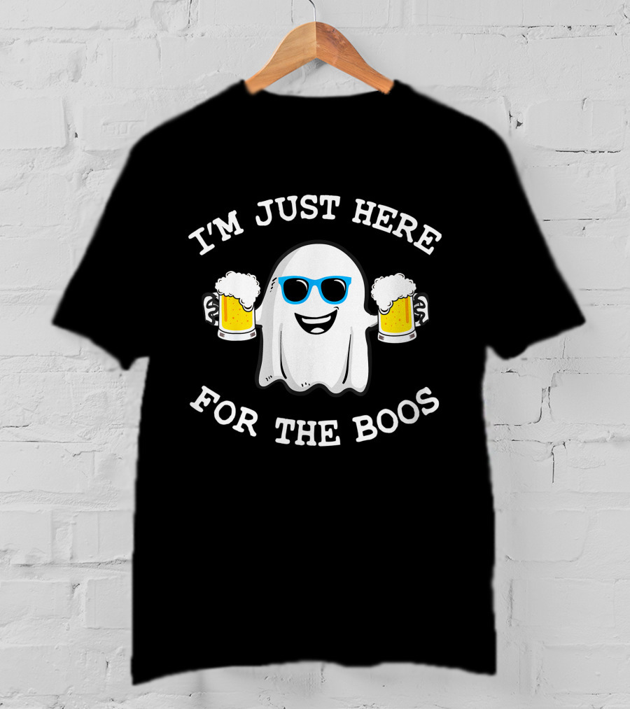I'm Just Here For The Boos Funny Halloween Ghost With Beers And Sunglasses T-Shirt